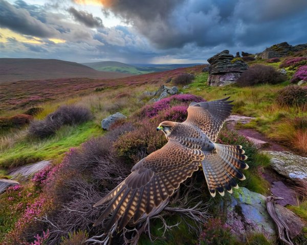 Falcon Soaring Over Purple Heather Moorland at Dusk