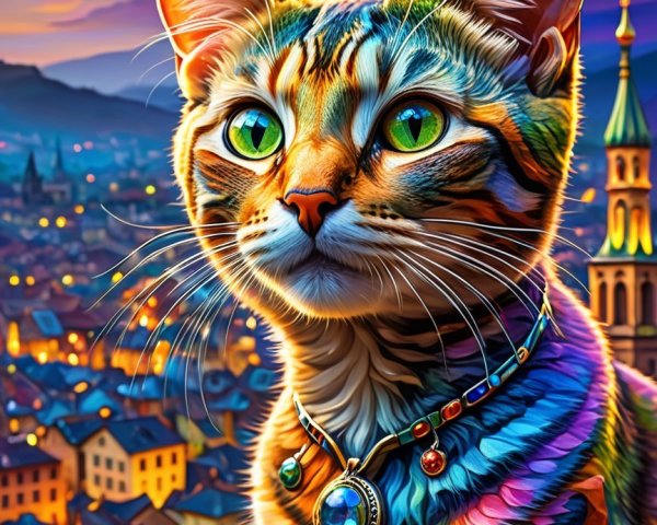 Colorful Stylized Cat with Skyline Fur Patterns