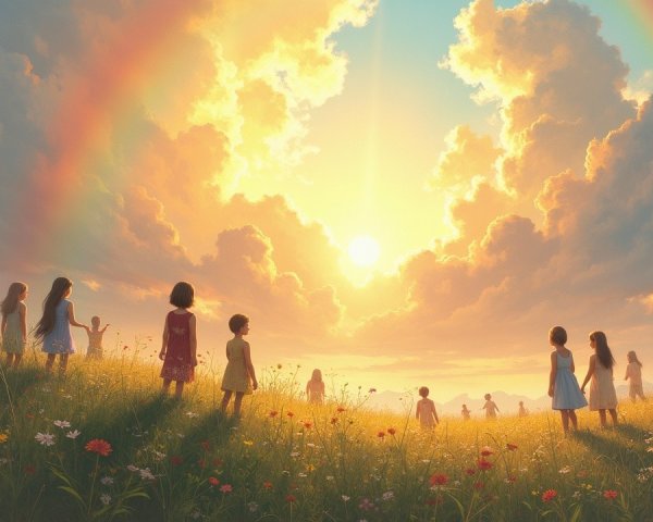 Vibrant Sunset Landscape with Children in Meadow