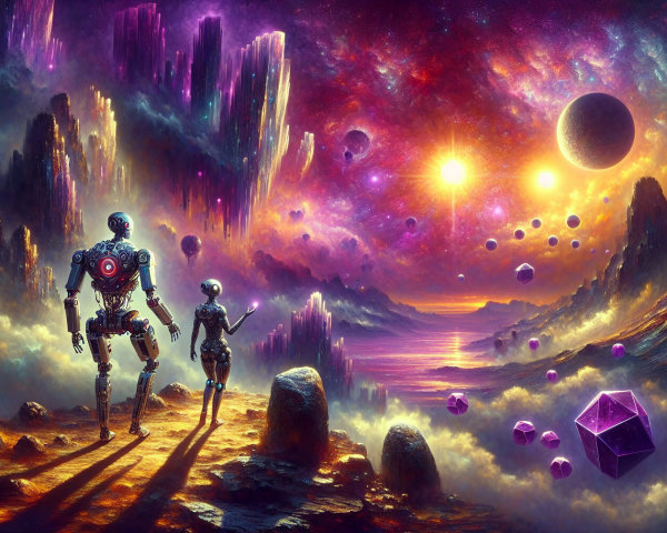 Futuristic robots in a vibrant cosmic landscape