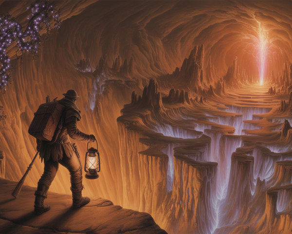 Solitary Traveler at Chasm with Luminous Plants