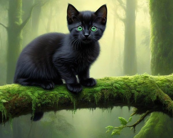 Black Kitten on Moss-Covered Branch in Forest