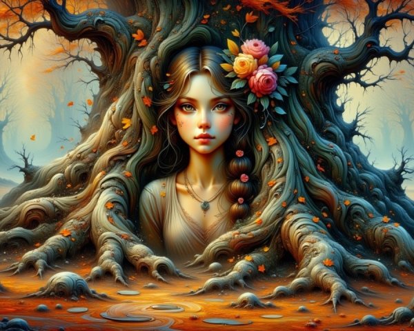 Young woman in a mystical forest with autumn hues