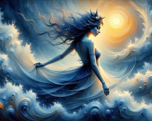 Mystical figure in blue fabric dances by ocean waves
