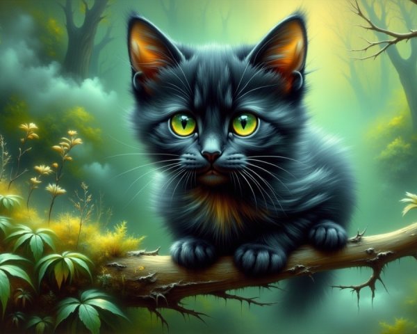 Black kitten on mossy branch in mystical forest