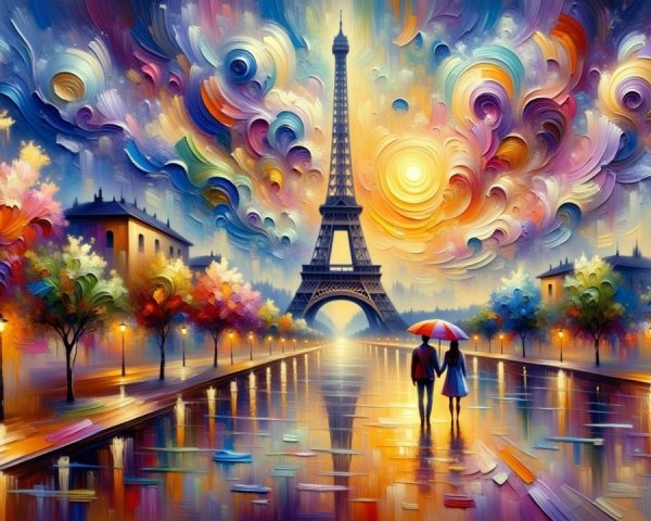 Impressionistic Paris Scene with Eiffel Tower and Couple