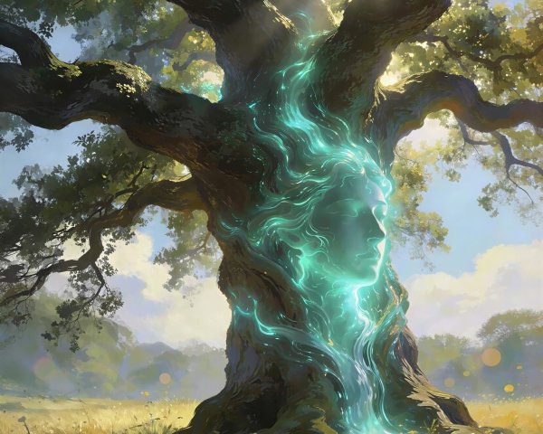 Gnarled tree with glowing energy in wildflower field