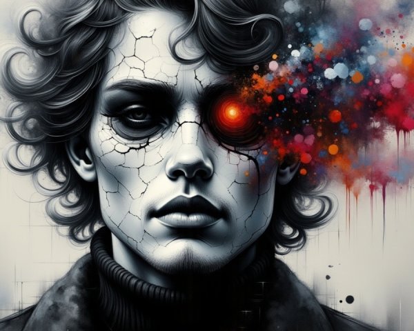 Striking figure with cracked skin and vibrant colors