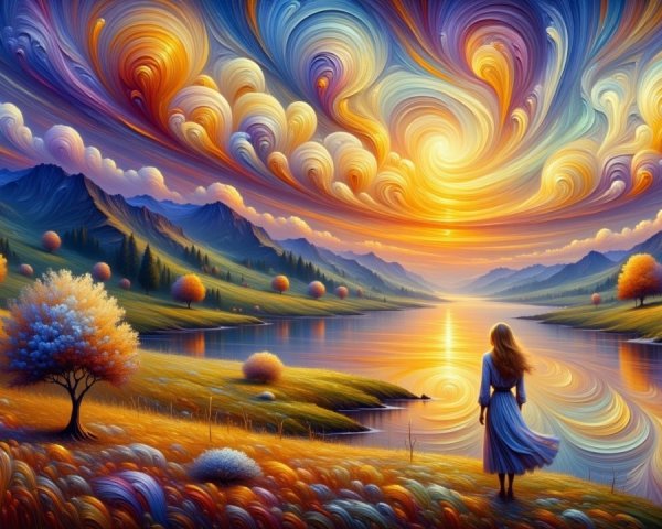 Sunset Landscape with River and Colorful Foliage