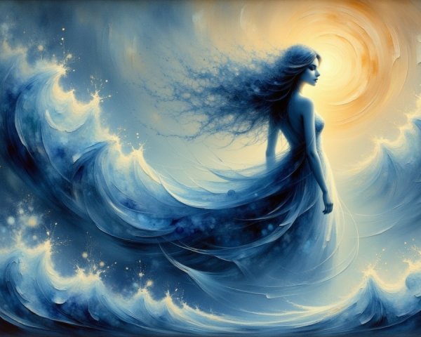 Serene Figure Surrounded by Swirling Ocean Waves