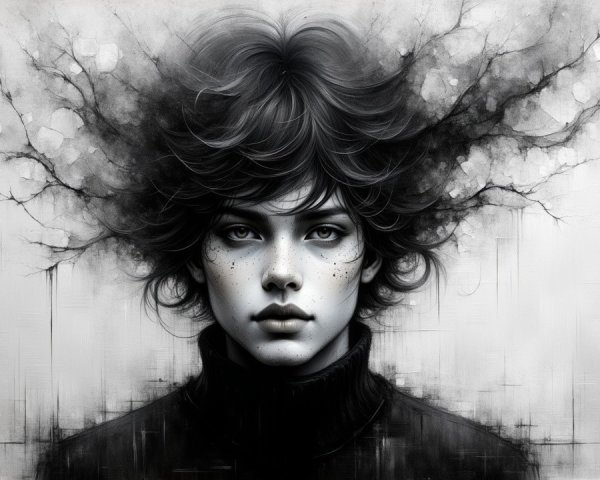 Black-and-white portrait with abstract tree-like elements
