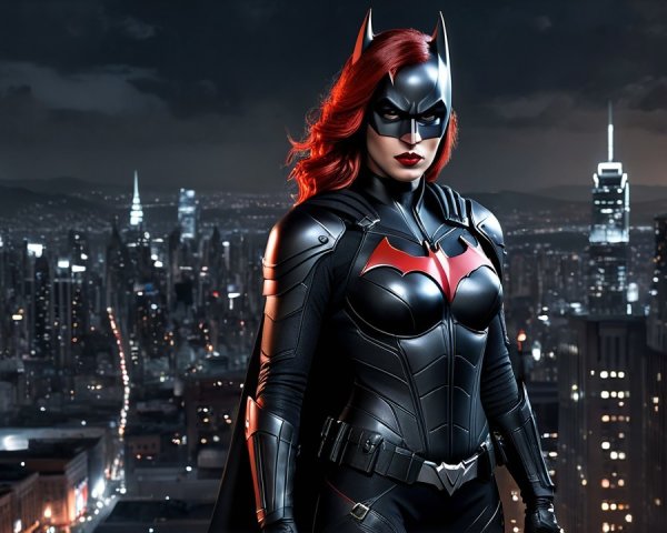 Female superhero in black and red suit on rooftop