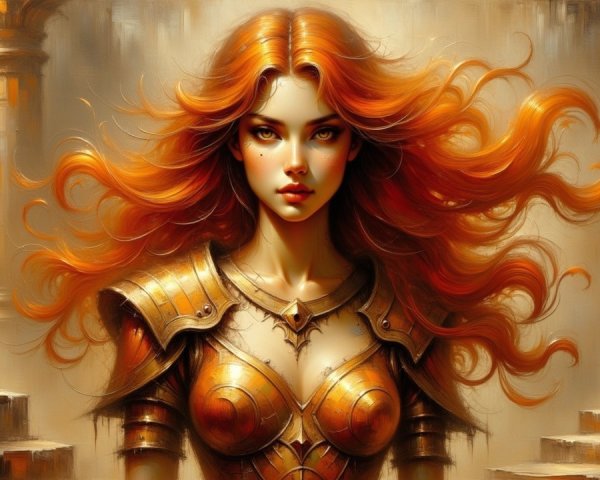 Warrior Woman in Golden Armor in Mythical Landscape