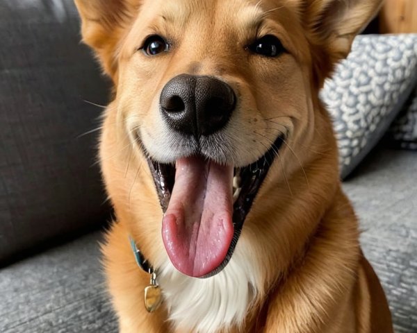 Cheerful golden dog on gray couch in cozy living space