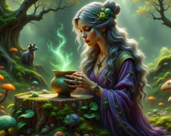 Mystical forest scene with woman and bubbling cauldron