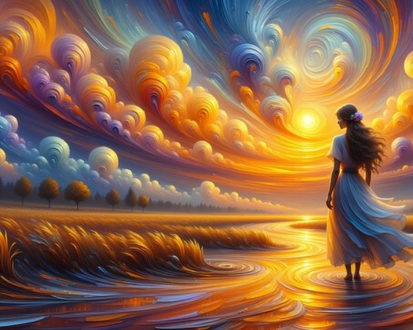 Serene Landscape with Woman by Shimmering River at Sunset