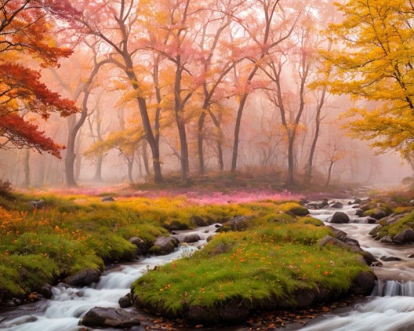 Tranquil Stream in Vibrant Autumn Forest Landscape