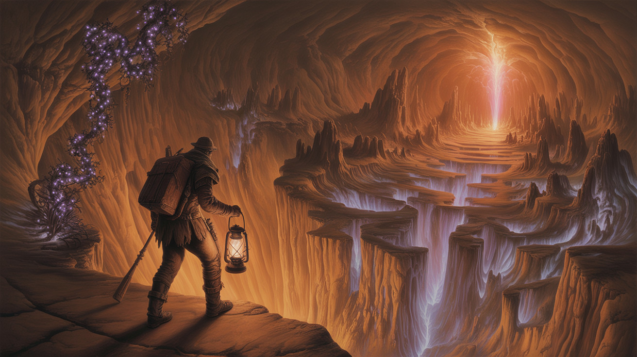 Solitary Traveler at Chasm with Luminous Plants