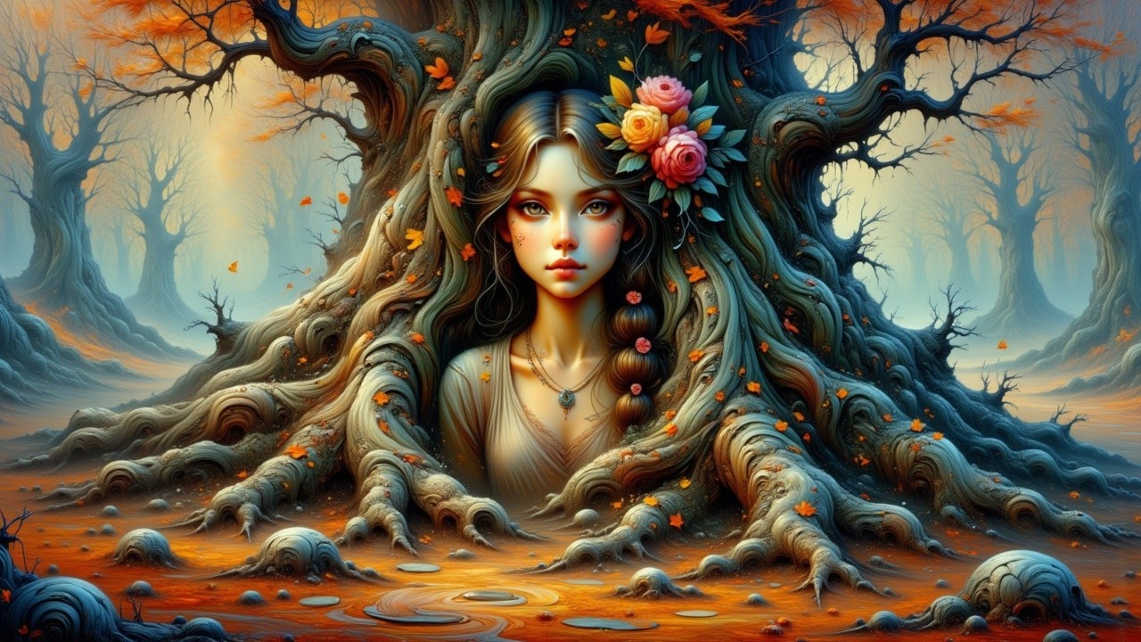 Young woman in a mystical forest with autumn hues