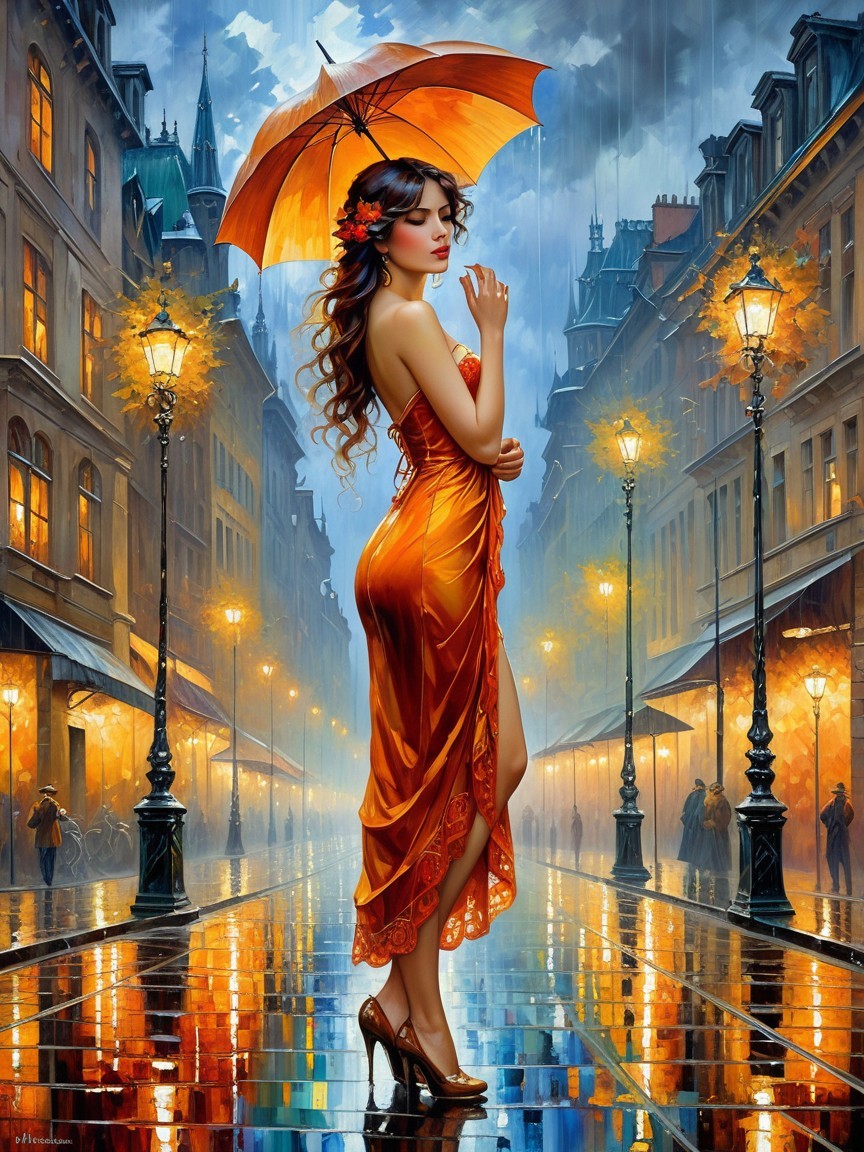 Woman in Orange Dress on Rainy Cobblestone Street