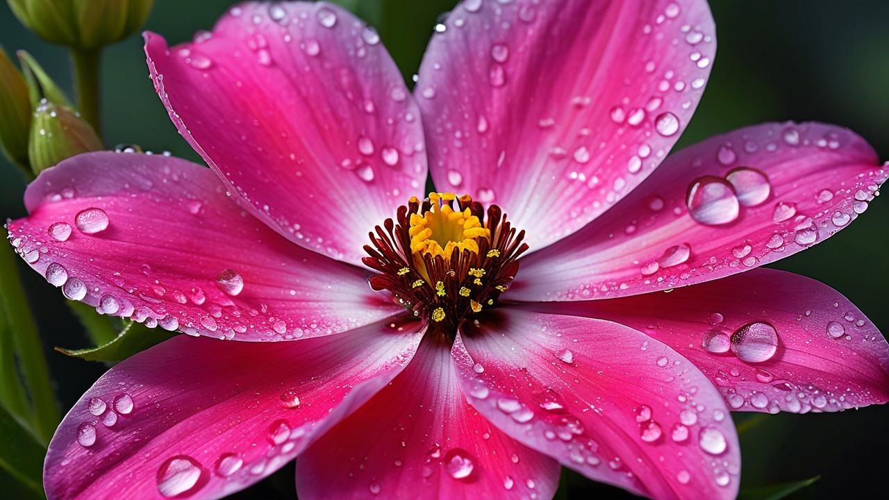 Vibrant Pink Flower with Water Droplets and Greenery