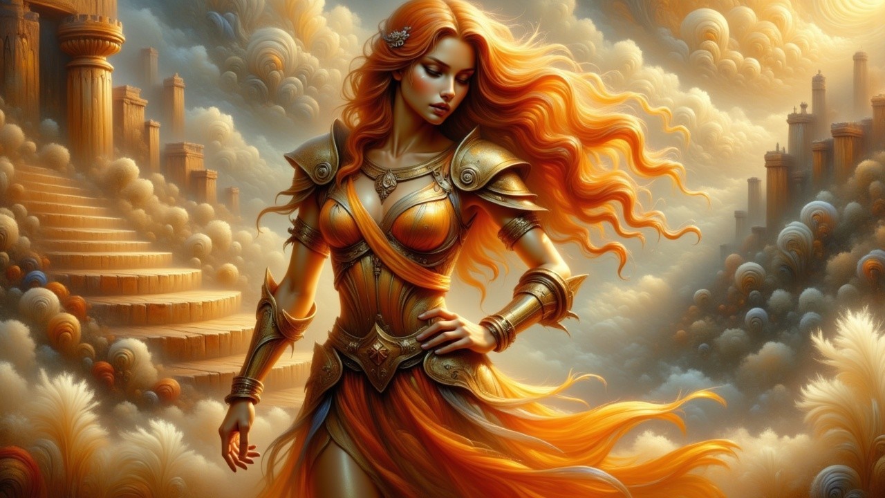 Warrior in Golden Armor Against Dramatic Cloudscape