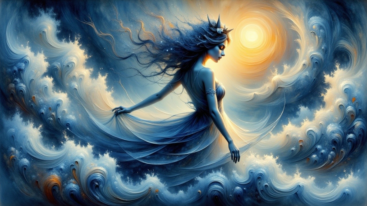 Mystical figure in blue fabric dances by ocean waves