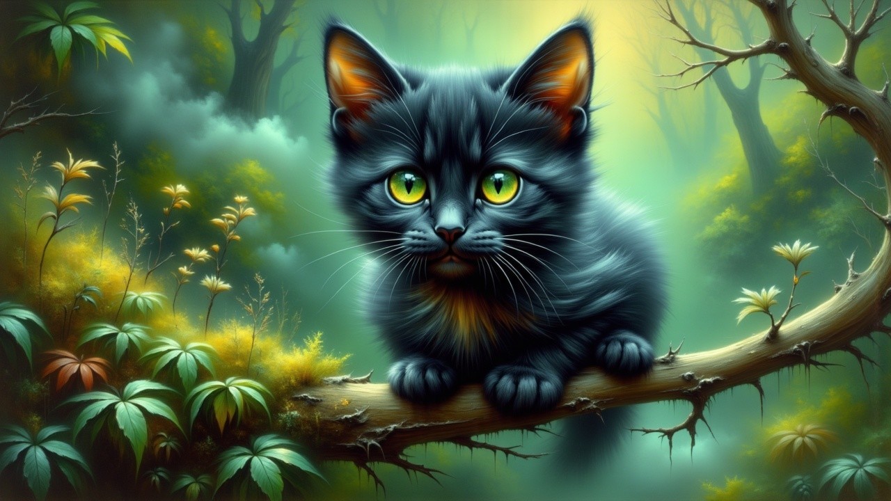 Black kitten on mossy branch in mystical forest