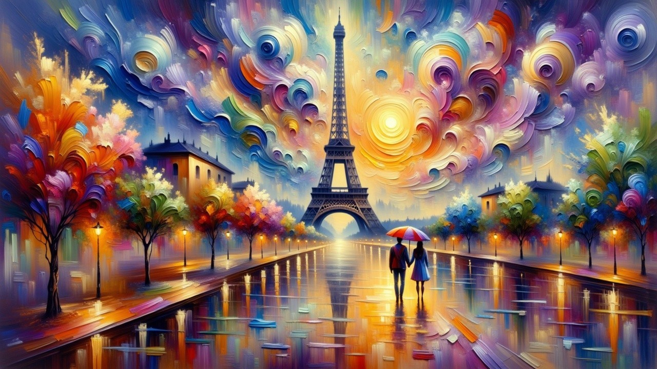Impressionistic Paris Scene with Eiffel Tower and Couple