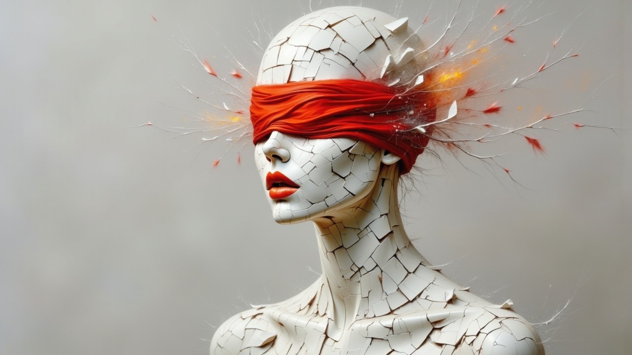 Mannequin with Cracked Ceramic Finish and Red Blindfold