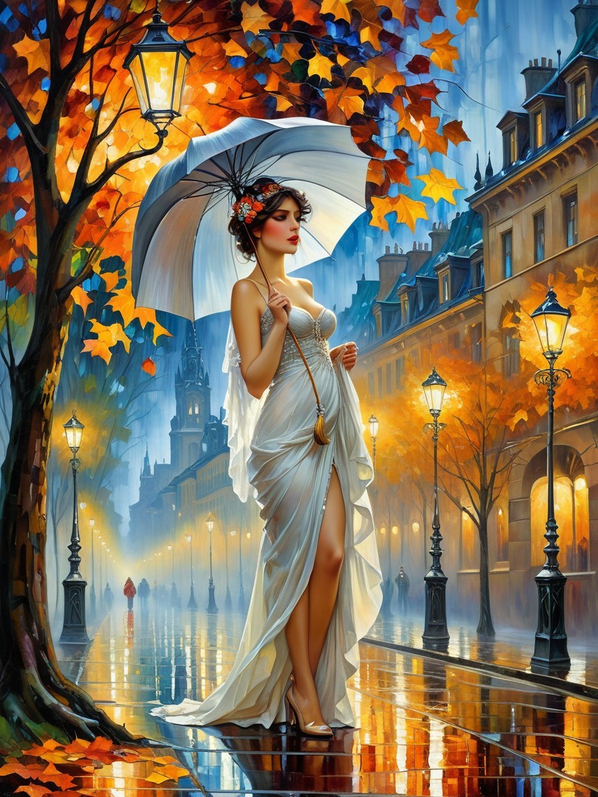 Autumn Scene with Woman in White Dress and Umbrella