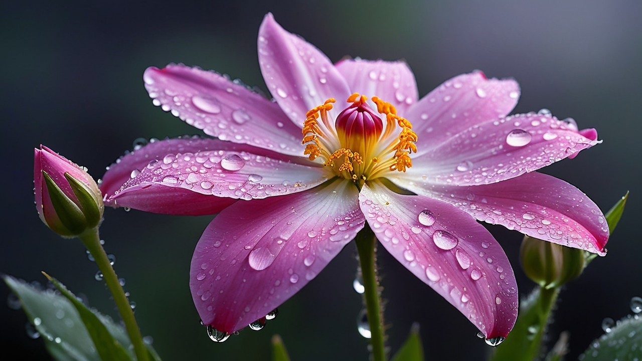 Vibrant Pink Flower with Water Droplets and Green Background