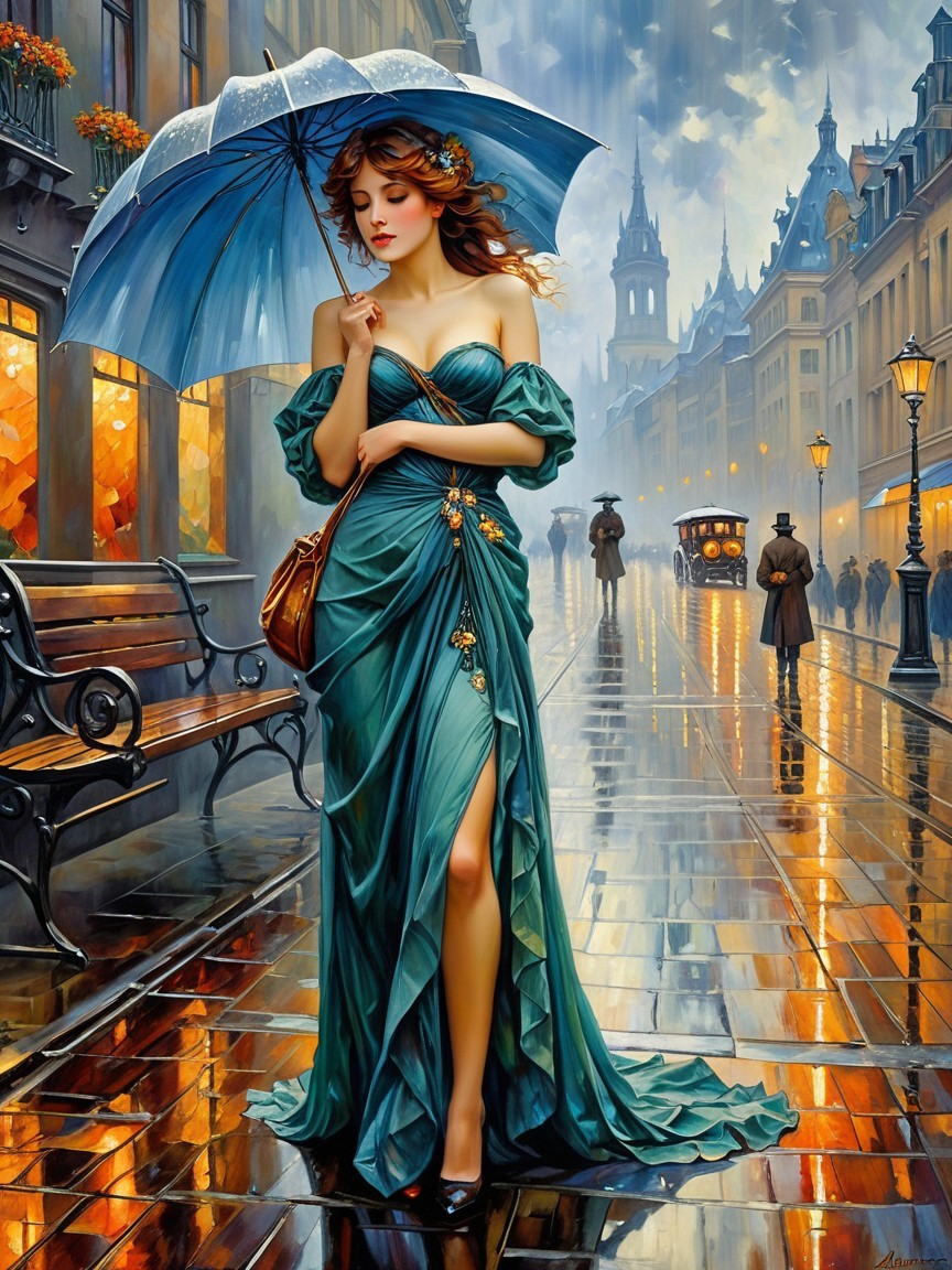 Elegant Woman in Teal Gown on Rainy City Street
