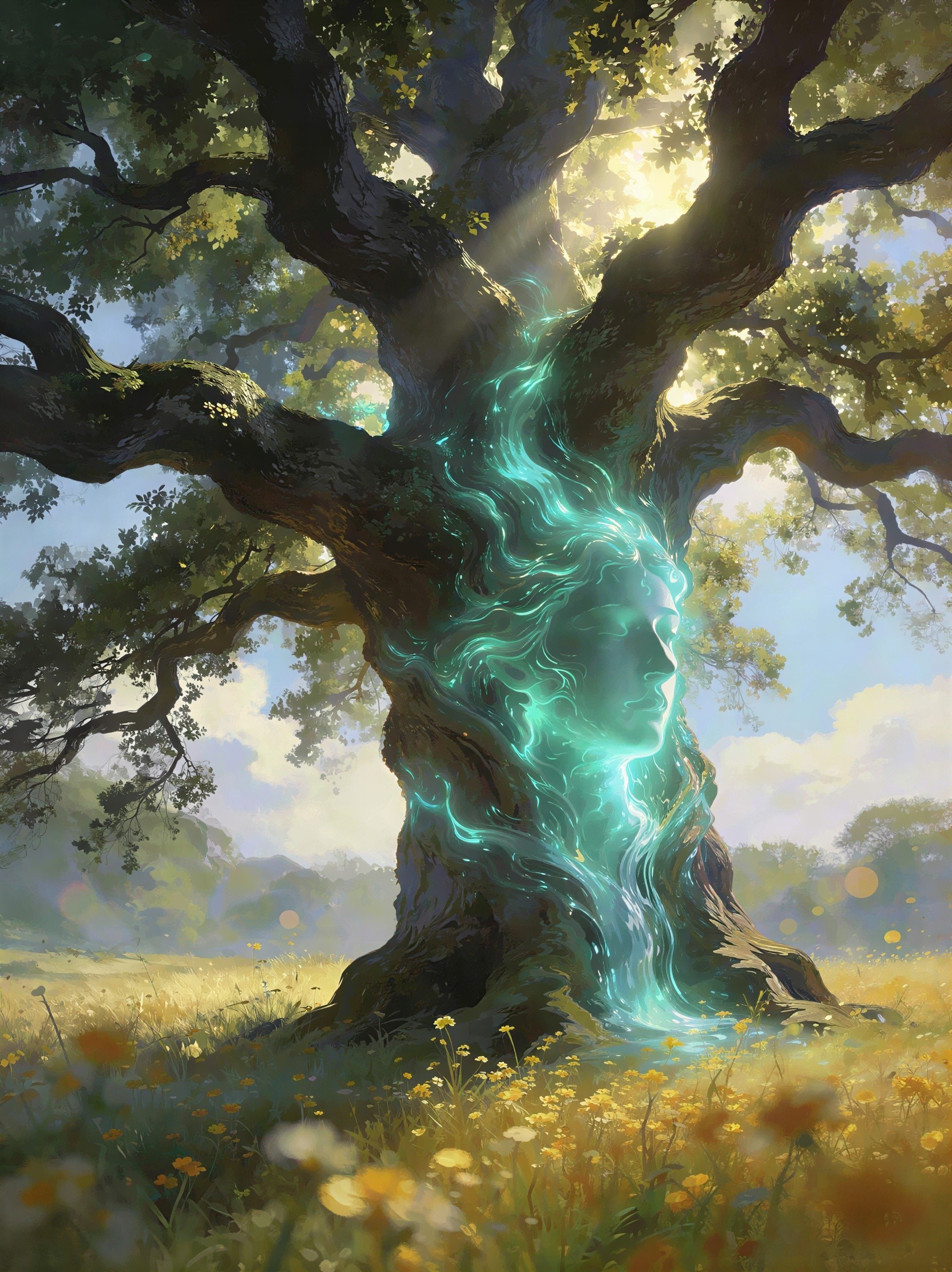 Gnarled tree with glowing energy in wildflower field