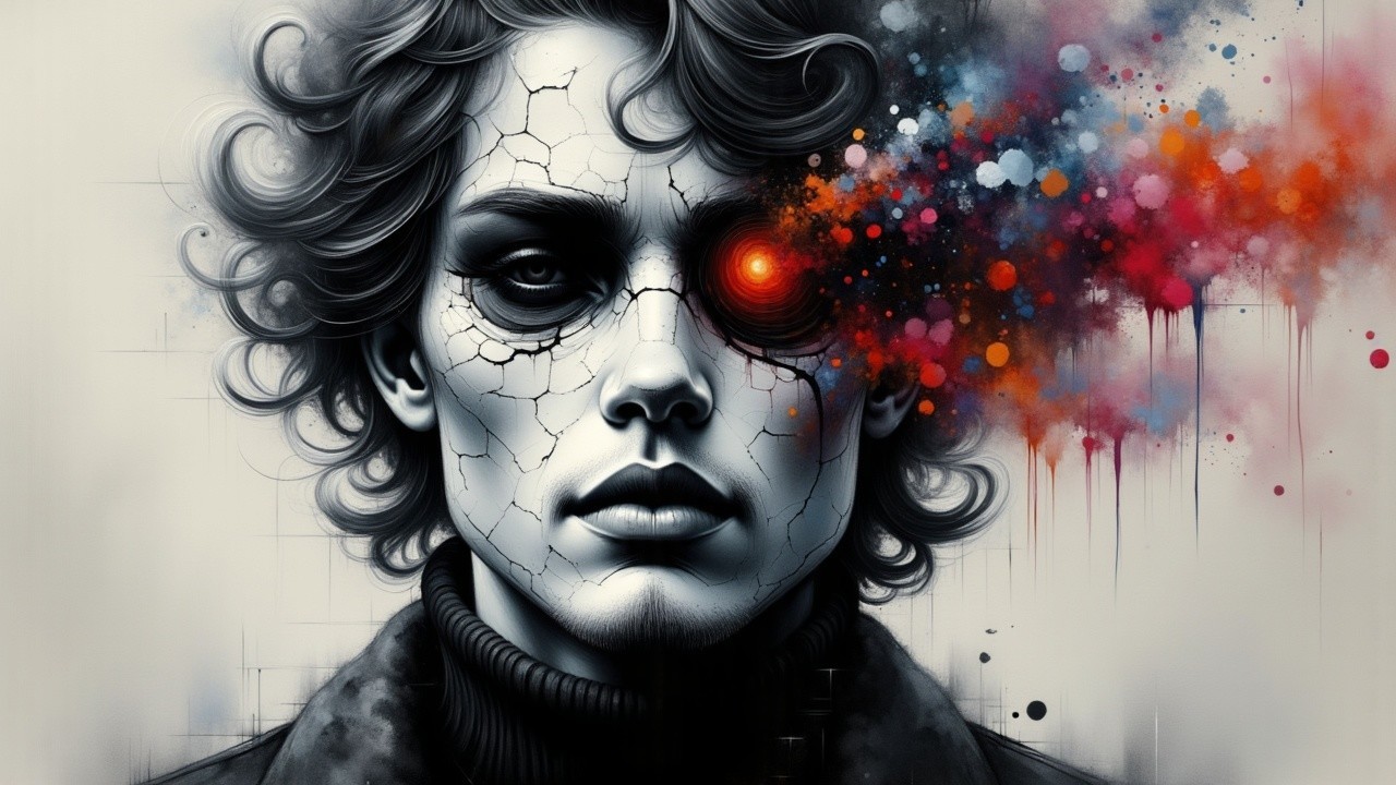 Striking figure with cracked skin and vibrant colors