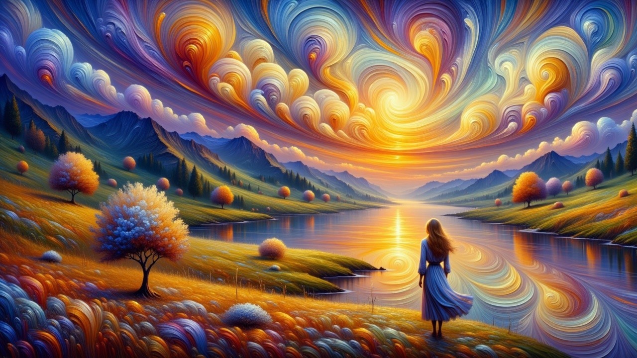 Sunset Landscape with River and Colorful Foliage