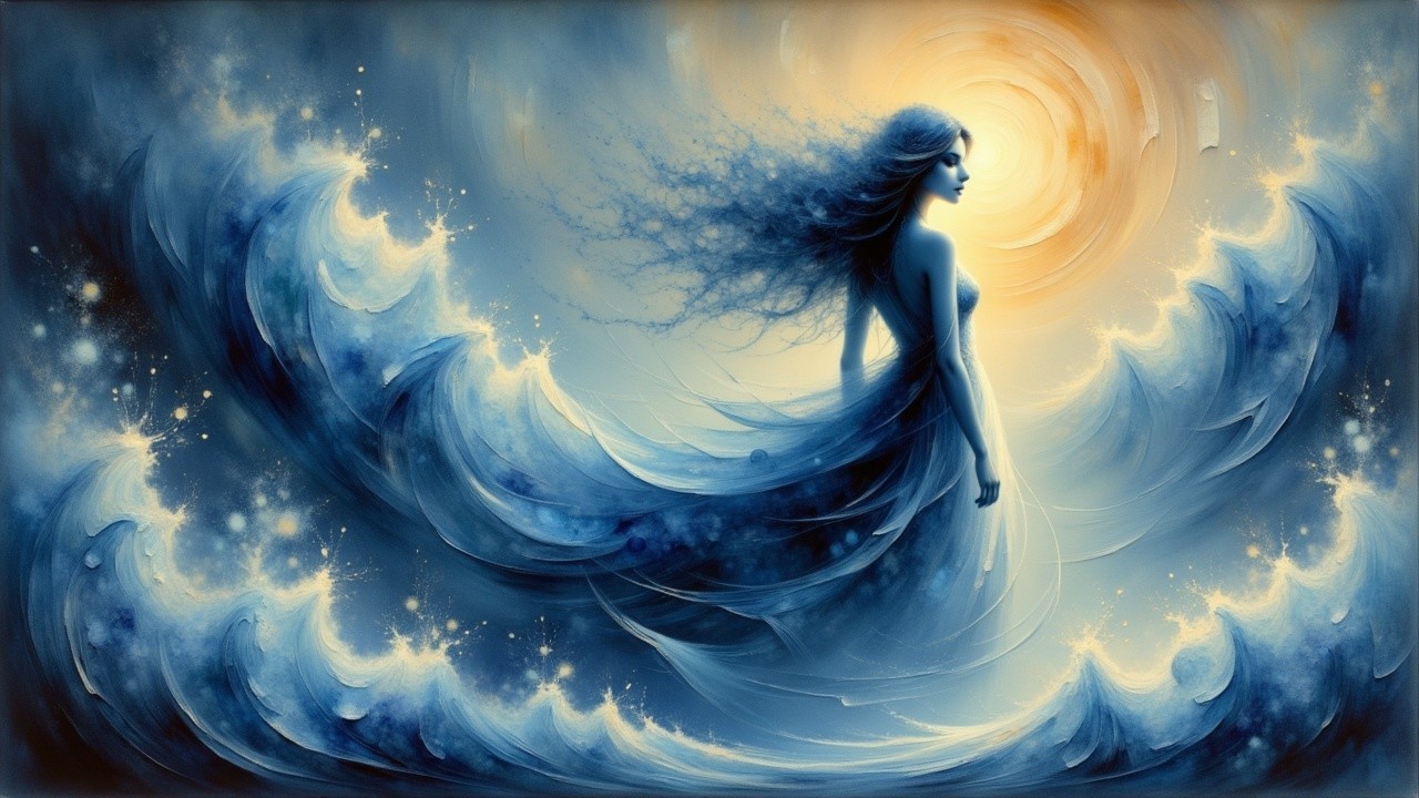 Serene Figure Surrounded by Swirling Ocean Waves