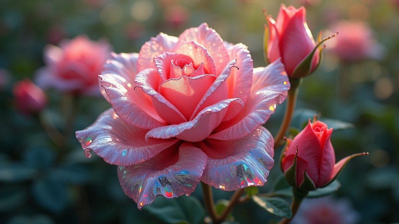 Pink Rose Bloom with Dew and Surrounding Buds