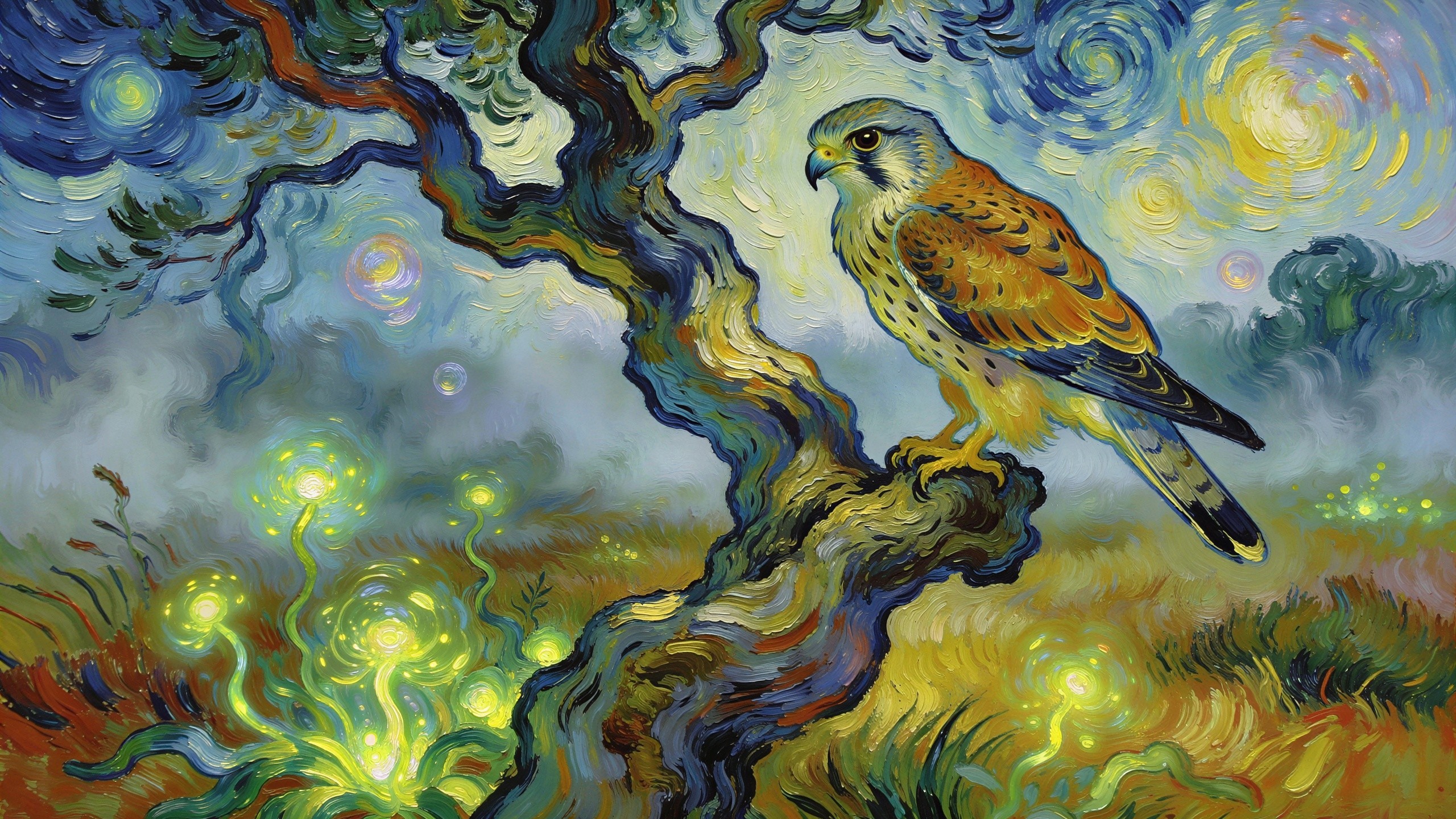 Van Gogh Style Painting of a Hawk on a Tree Trunk