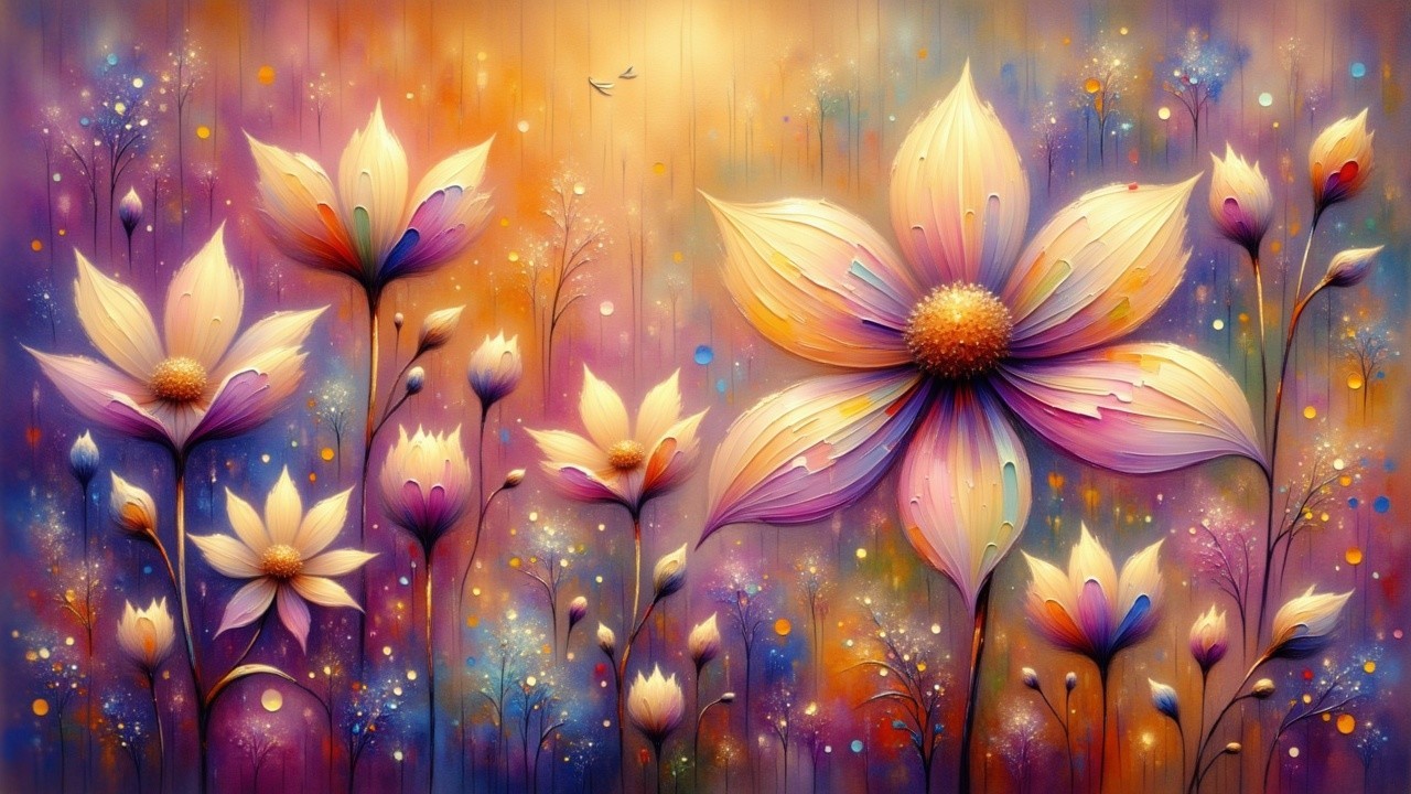 Vibrant Abstract Floral Scene with Stylized Flowers
