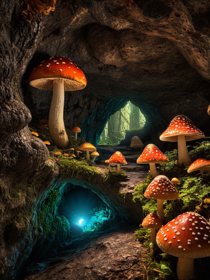 Vibrant Mushrooms and Enchanted Cave Atmosphere
