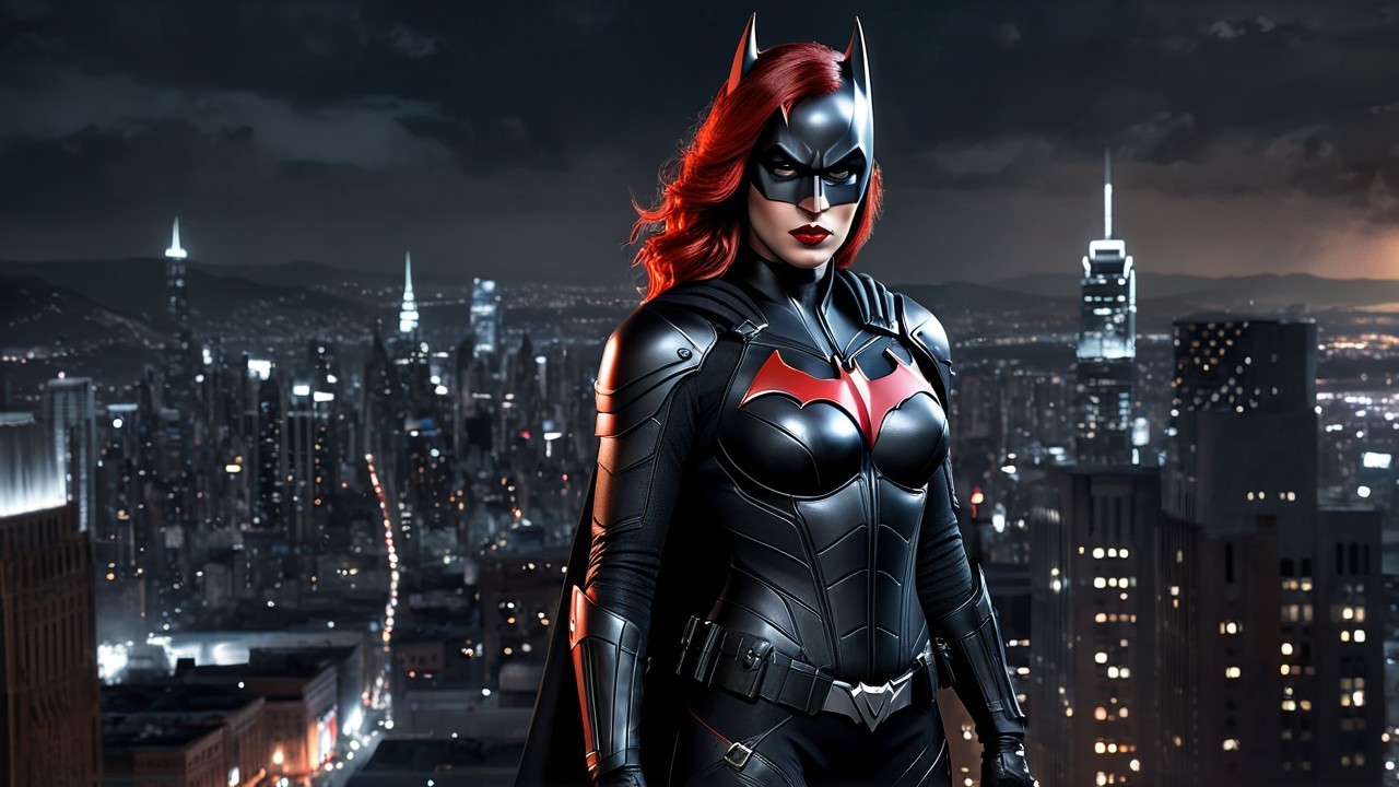Female superhero in black and red suit on rooftop