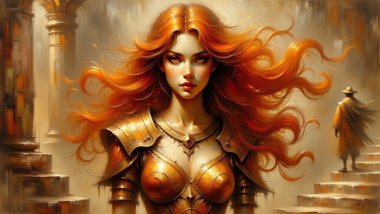 Warrior Woman in Golden Armor in Mythical Landscape