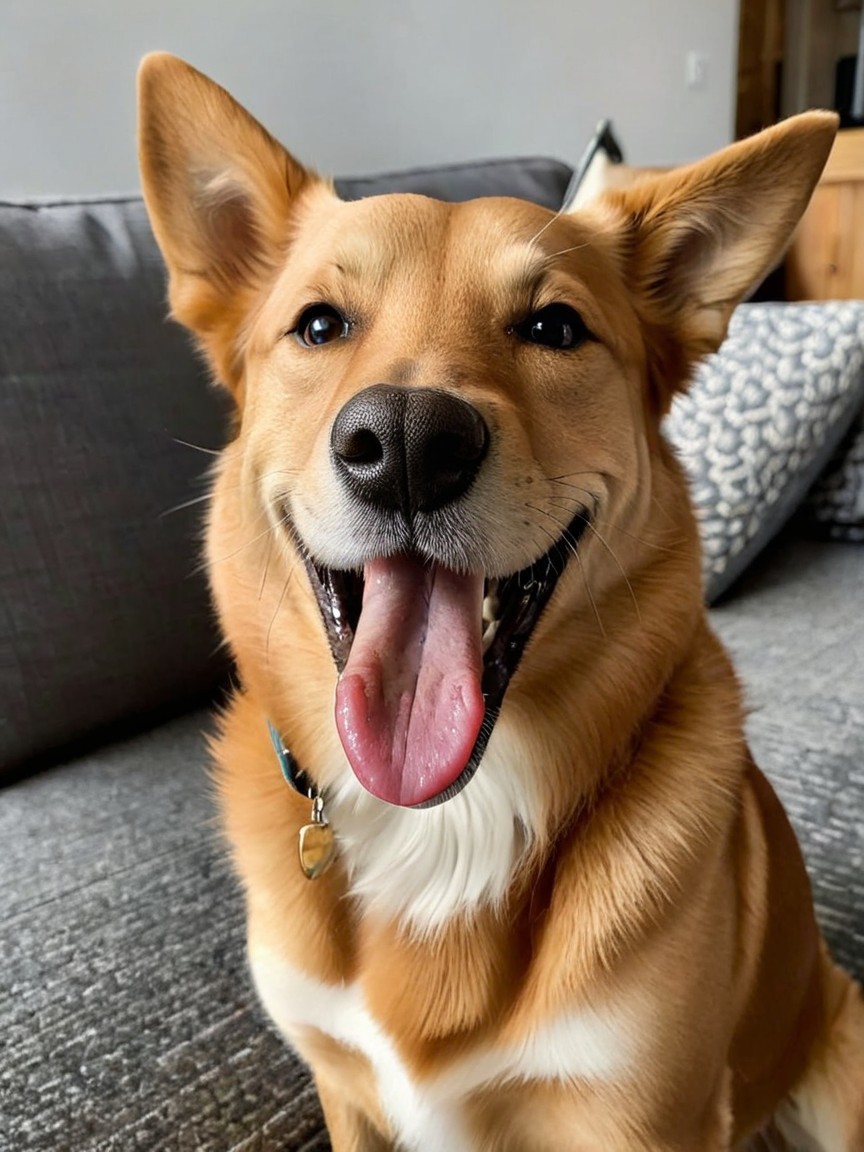 Cheerful golden dog on gray couch in cozy living space