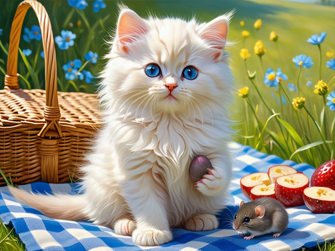 Kitten and Mouse in a Flower Meadow Picnic Scene