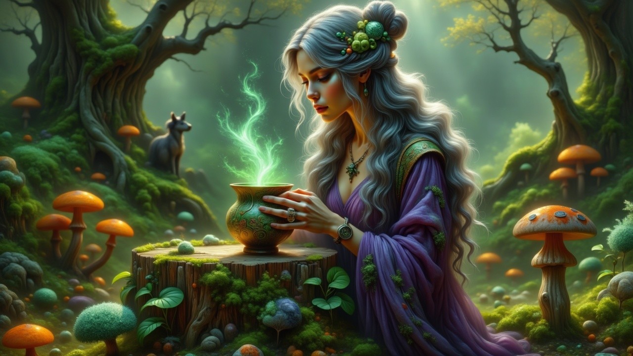 Mystical forest scene with woman and bubbling cauldron
