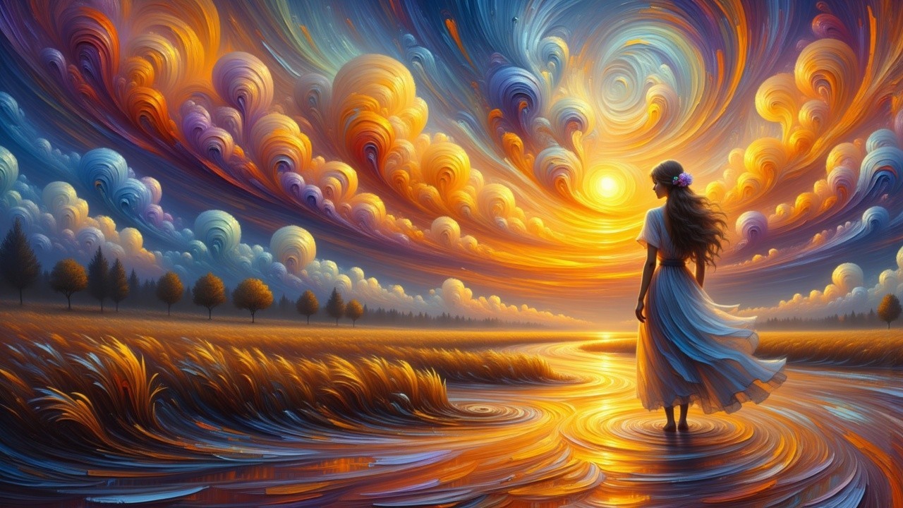 Serene Landscape with Woman by Shimmering River at Sunset