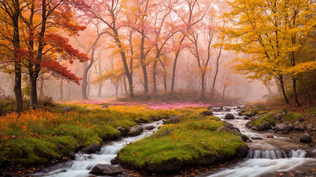 Tranquil Stream in Vibrant Autumn Forest Landscape