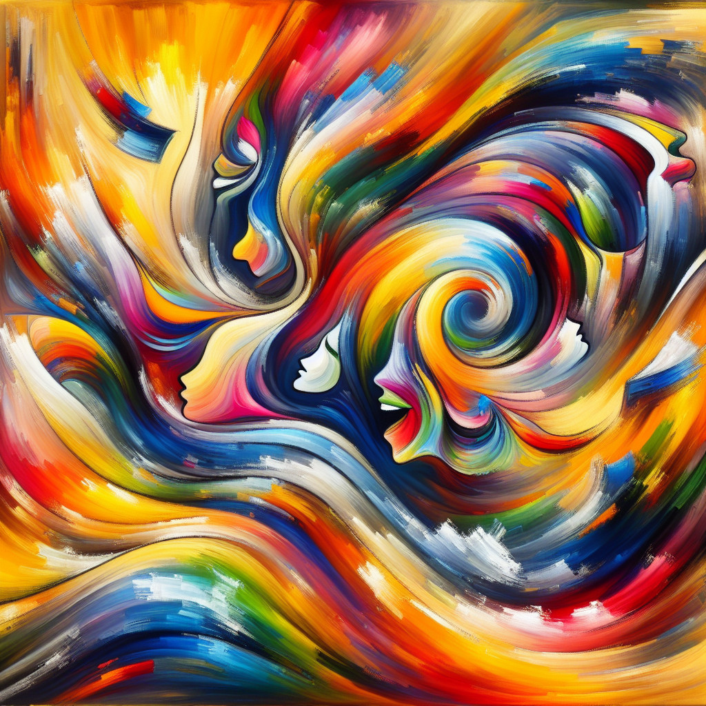 Vibrant Abstract Painting with Swirling Colors and Faces