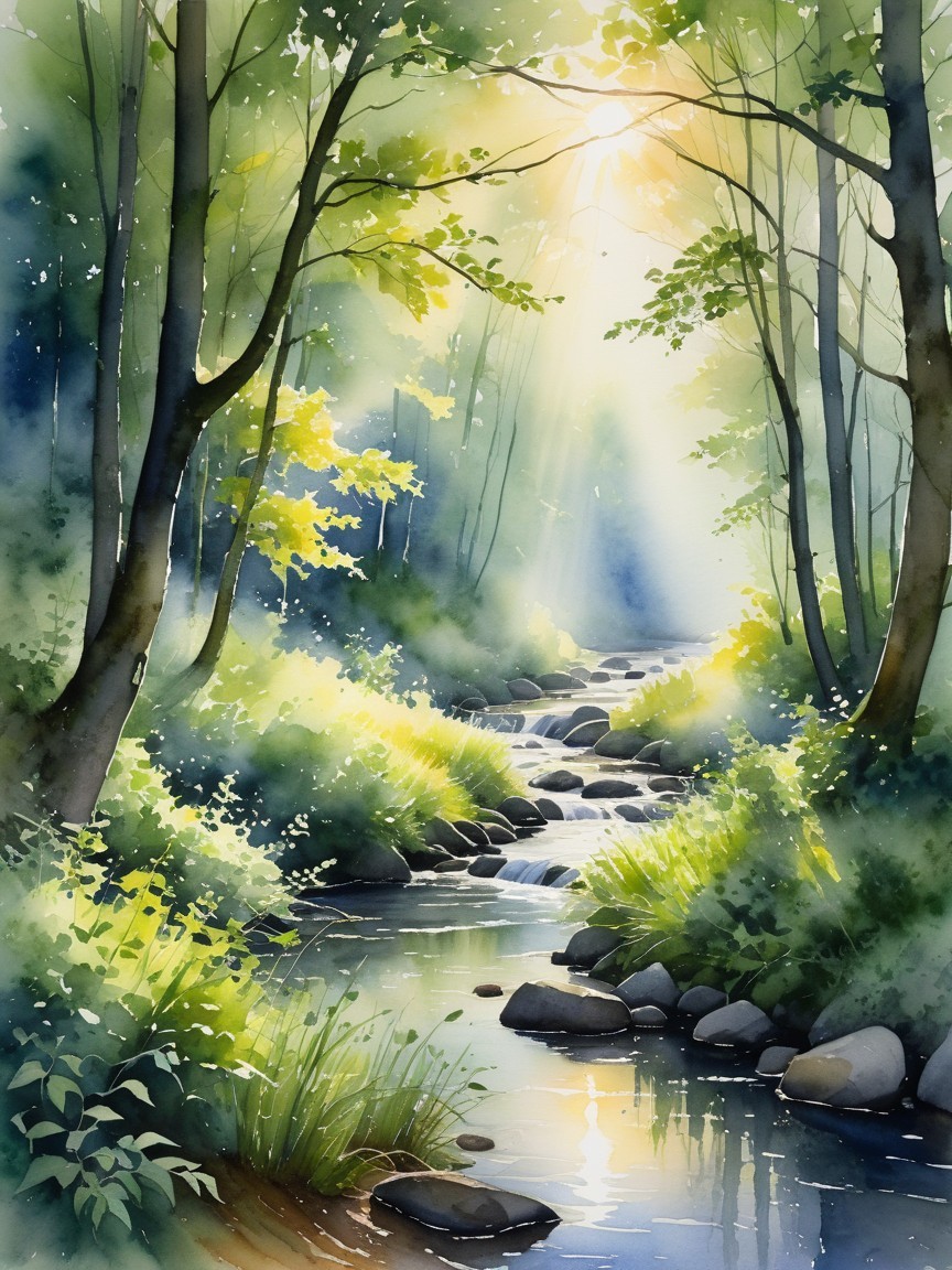 Serene Forest Scene with Sunlight and Gentle Stream